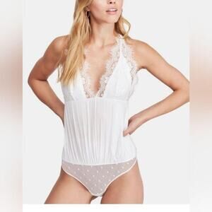 Intimately Free People Melrose Ivory Silky Lace Open Back Plunge Thong Bodysuit